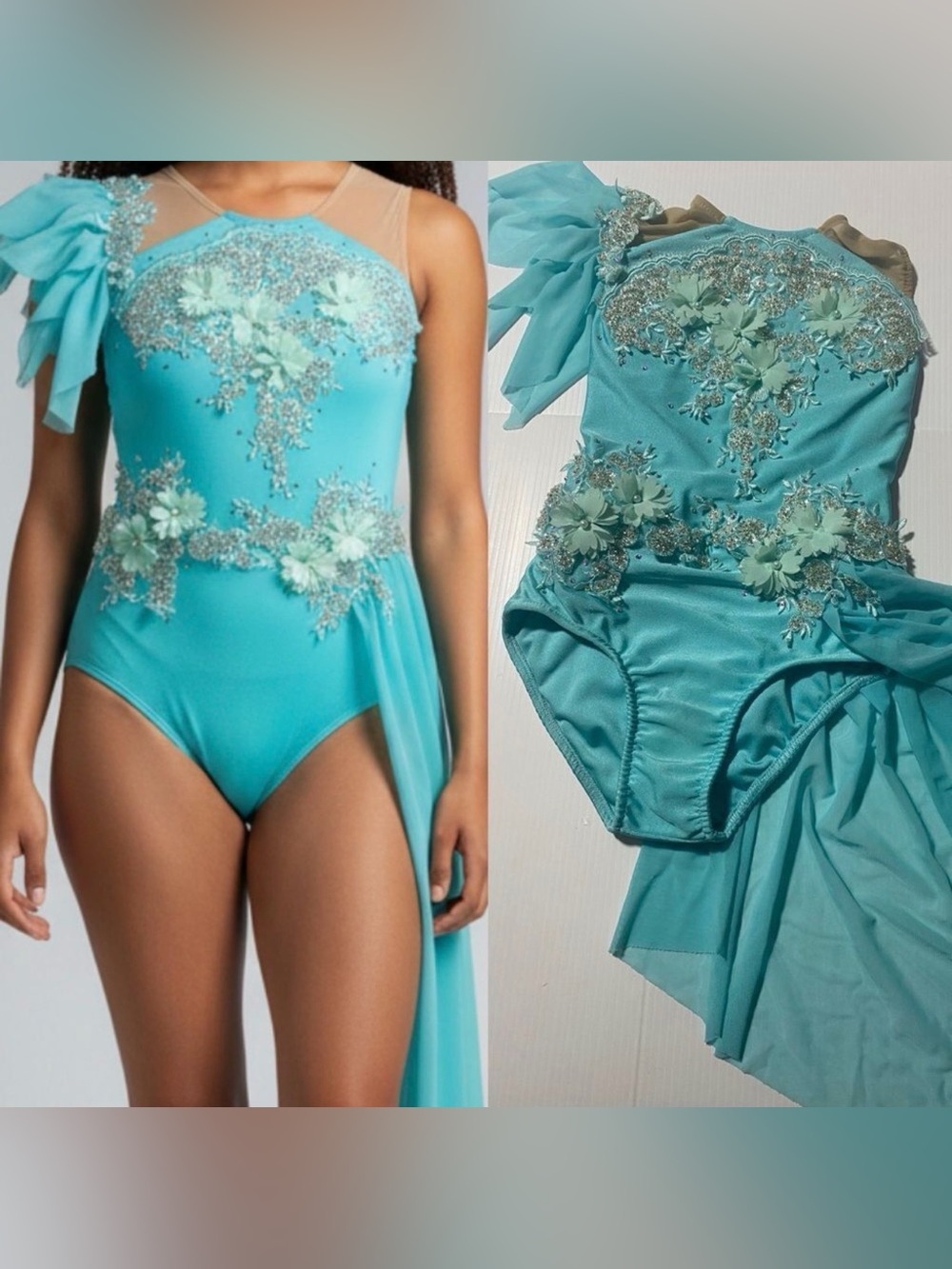 Aqua Embellished One-Shoulder Leotard with Drape